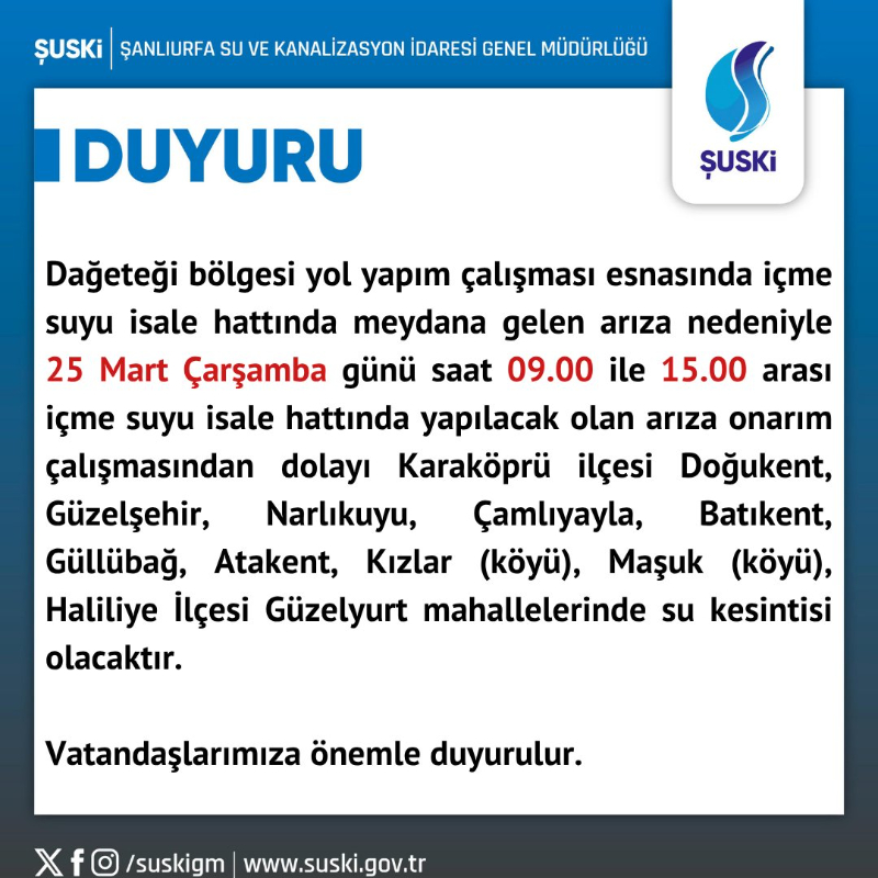 ŞUSKİ’den Su Kesintisi Duyurusu: 9 Mahalle ve 2 Kırsal Mahalle Etkilenecek