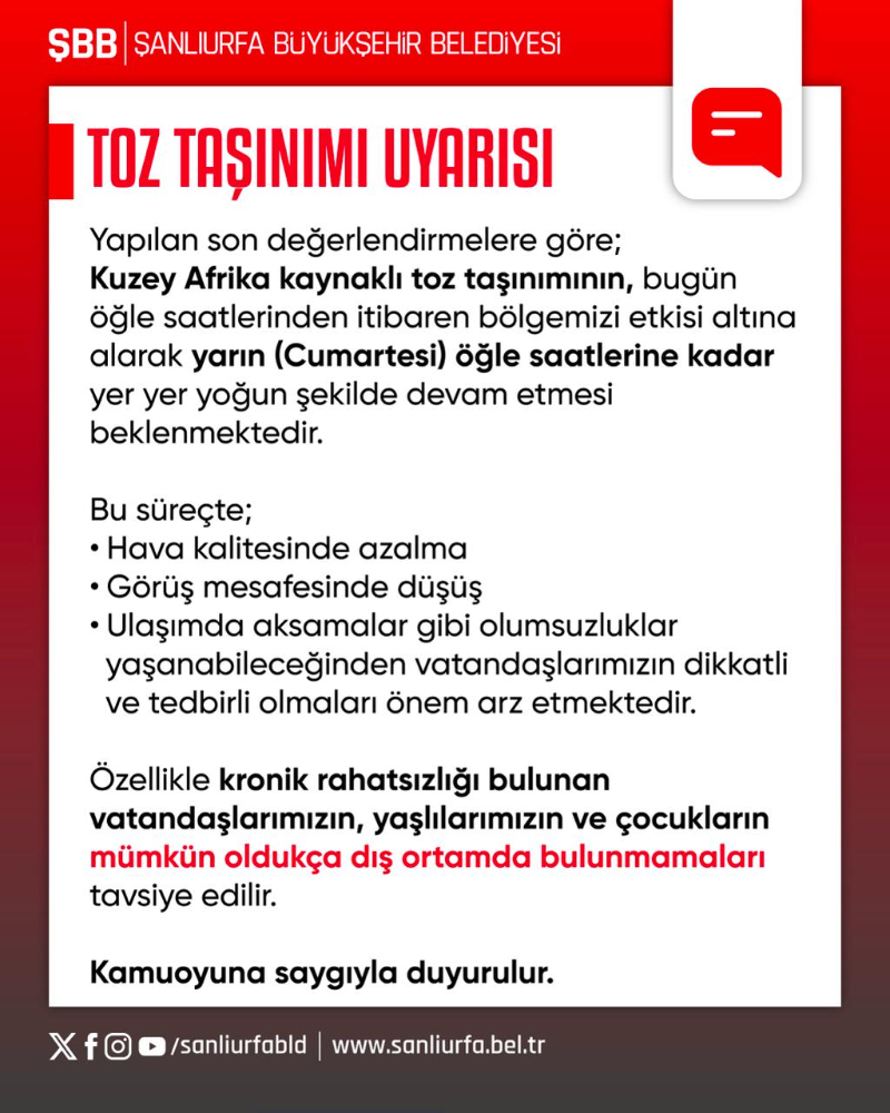 Şanlıurfa’da Kuzey Afrika Kaynaklı Toz Taşınımı Uyarısı