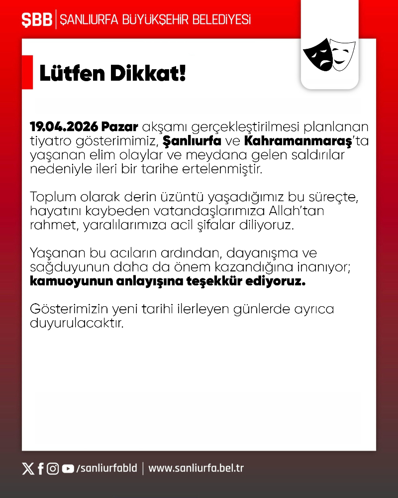 Şanlıurfa'da Tiyatro Gösterimine Erteleme: "Derin Üzüntü İçindeyiz"