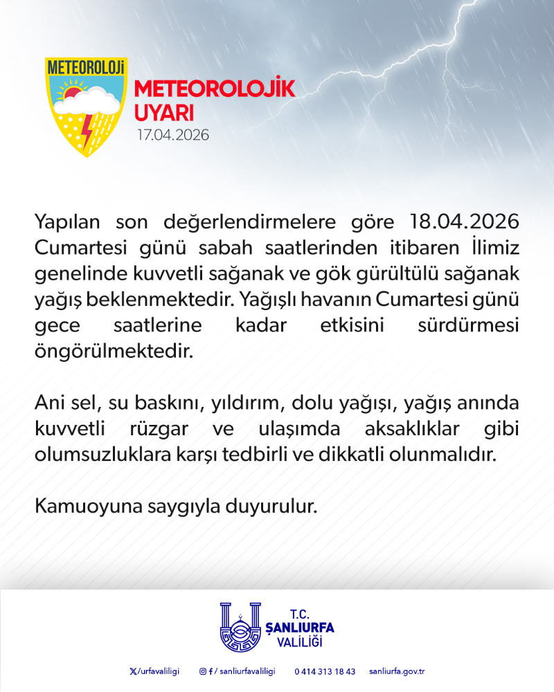 Şanlıurfa İçin "Sarı" Alarm: Kuvvetli Sağanak ve Gök Gürültüsü Bekleniyor!