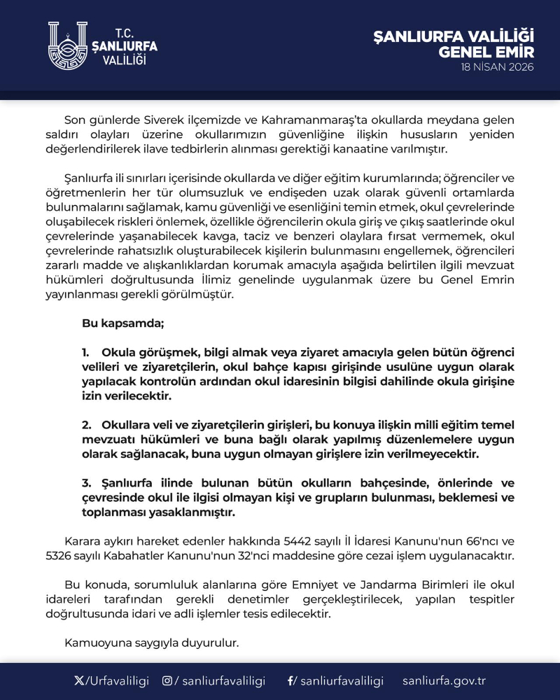 Şanlıurfa’da Okul Çevrelerine Sıkı Denetim: Valilikten ‘Genel Emir’ Yayımlandı