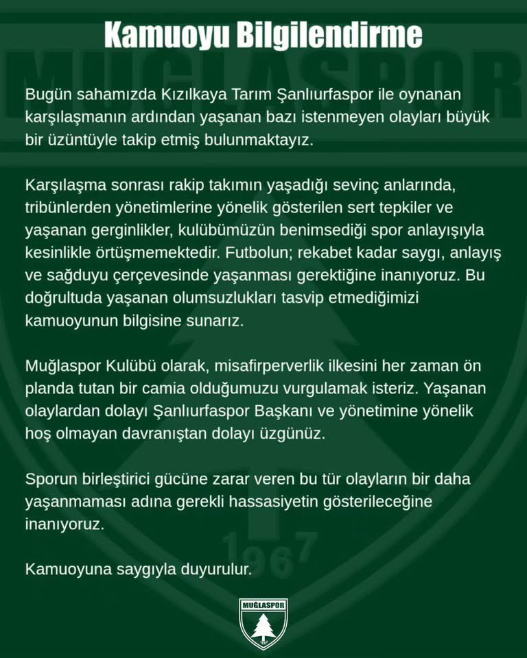 Muğlaspor’dan Şanlıurfaspor Açıklaması: "Yaşanan Olaylardan Dolayı Üzgünüz"