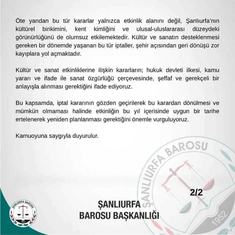 Şanlıurfa Barosu’ndan Kültür Yolu Festivali Tepkisi: “İptal Kararı Gözden Geçirilmeli”