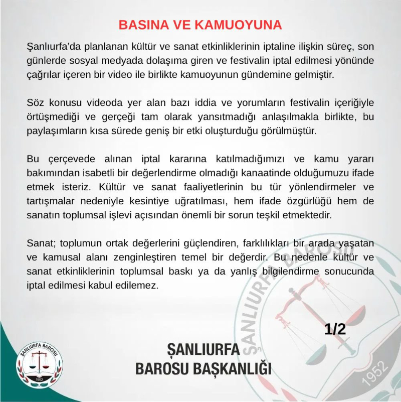 Şanlıurfa Barosu’ndan Kültür Yolu Festivali Tepkisi: “İptal Kararı Gözden Geçirilmeli”