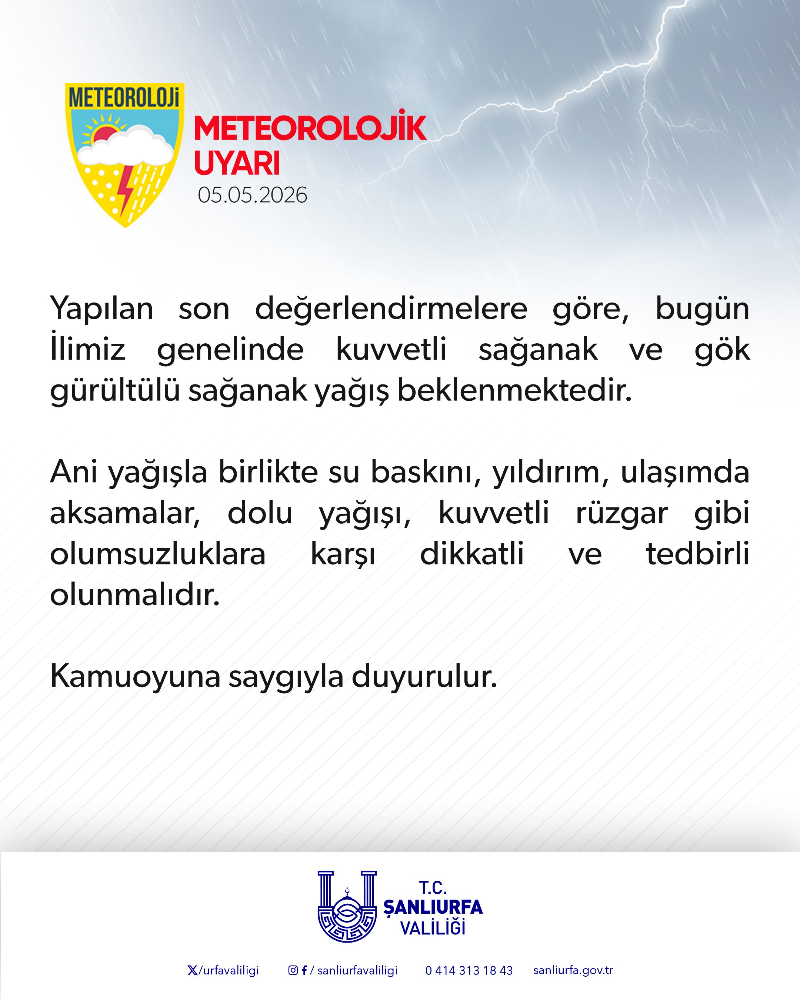 Şanlıurfa Valiliği'nden Kuvvetli Yağış Uyarısı: Dikkatli ve Tedbirli Olun!