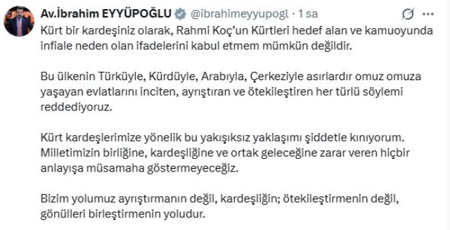 Şanlıurfalı Vekil Eyyüpoğlu’ndan Rahmi Koç’a Sert Tepki: "Kabul Etmemiz MÜMKÜN DEĞİLDİR!" Şanlıurfalı Vekil Eyyüpoğlu’ndan Rahmi Koç’a Sert Tepki: "Kabul Etmemiz MÜMKÜN DEĞİLDİR!"