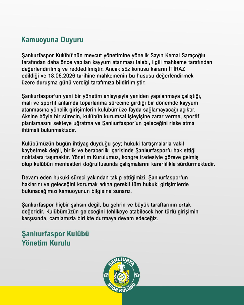 Şanlıurfaspor’dan Kayyum Açıklaması: Mahkeme Tarihi Belli Oldu! Şanlıurfaspor’dan Kayyum Açıklaması: Mahkeme Tarihi Belli Oldu!