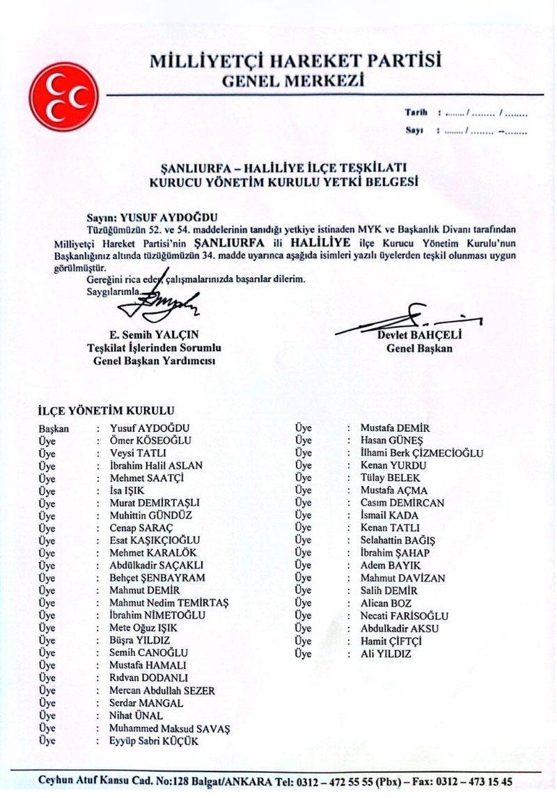 MHP Haliliye İlçe Başkanlığına Yusuf Aydoğdu Atandı (İşte Yeni Yönetim Listesi)