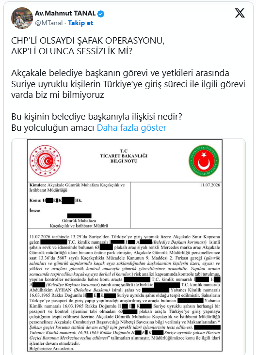 CHP'li Tanal'dan Akçakale Belediye Başkanı Ayhan Hakkında 'İnsan Kaçakçılığı' İddiası: Resmi Belge Paylaşıldı CHP'li Tanal'dan Akçakale Belediye Başkanı Ayhan Hakkında 'İnsan Kaçakçılığı' İddiası: Resmi Belge Paylaşıldı