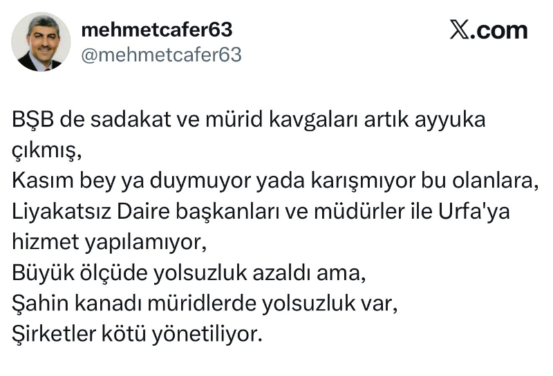 Eski Meclis Üyesi Mehmet Cafer’den BŞB Hedefli İmli Paylaşım: Sert İddialar Sosyal Medyada Gündem Oldu