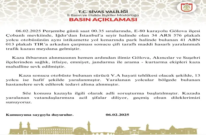 E-80 karayolu Gölova ilçesi Çobanlı mevkiinde kaza oldu