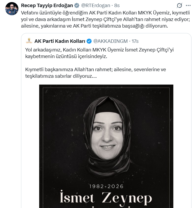 Cumhurbaşkanı Erdoğan'dan Şanlıurfalı MKYK Üyesi İsmet Zeynep Çiftçi İçin Taziye Mesajı - 1