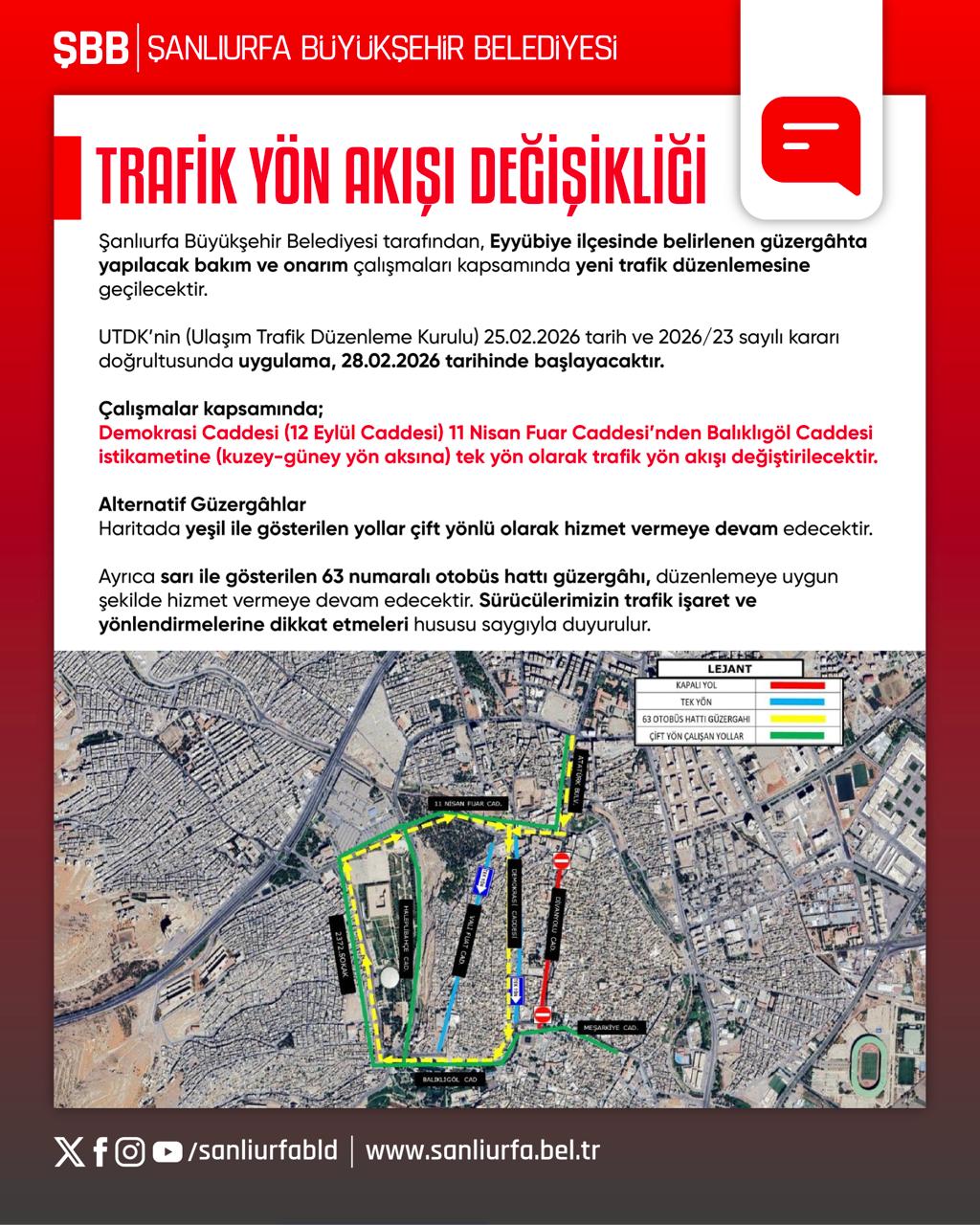 Şanlıurfa’da Bazı Yollar Yarından İtibaren Tek Şeride Düşürülecek