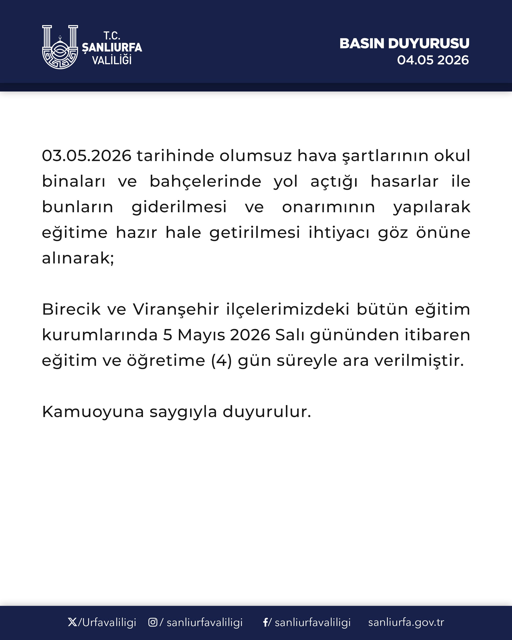 Şanlıurfa'nın İki İlçesinde Eğitime Hava Engeli: 4 Gün Ara Verildi!